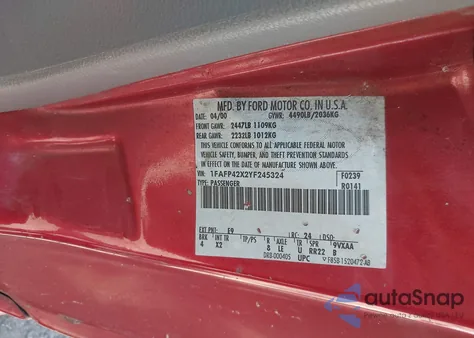 2000 Ford Mustang Gt z USA, uszkodzony, nr VIN 1FAFP42X2YF245324